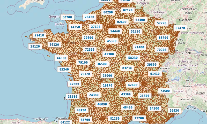 Aperçu de la carte des codes postaux en France métropolitaine